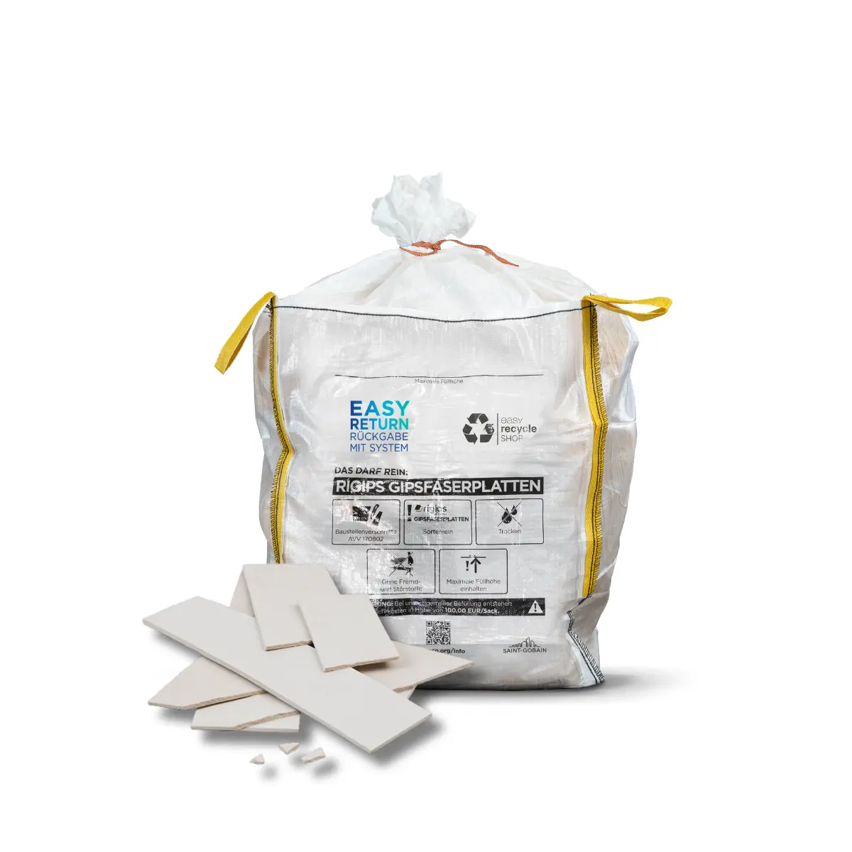 Ein transparenter Big Bag vom easy recycle SHOP zur Sammlung und Rücknahme von sortenreinen Steinwolleverschnitten auf einer Baustelle