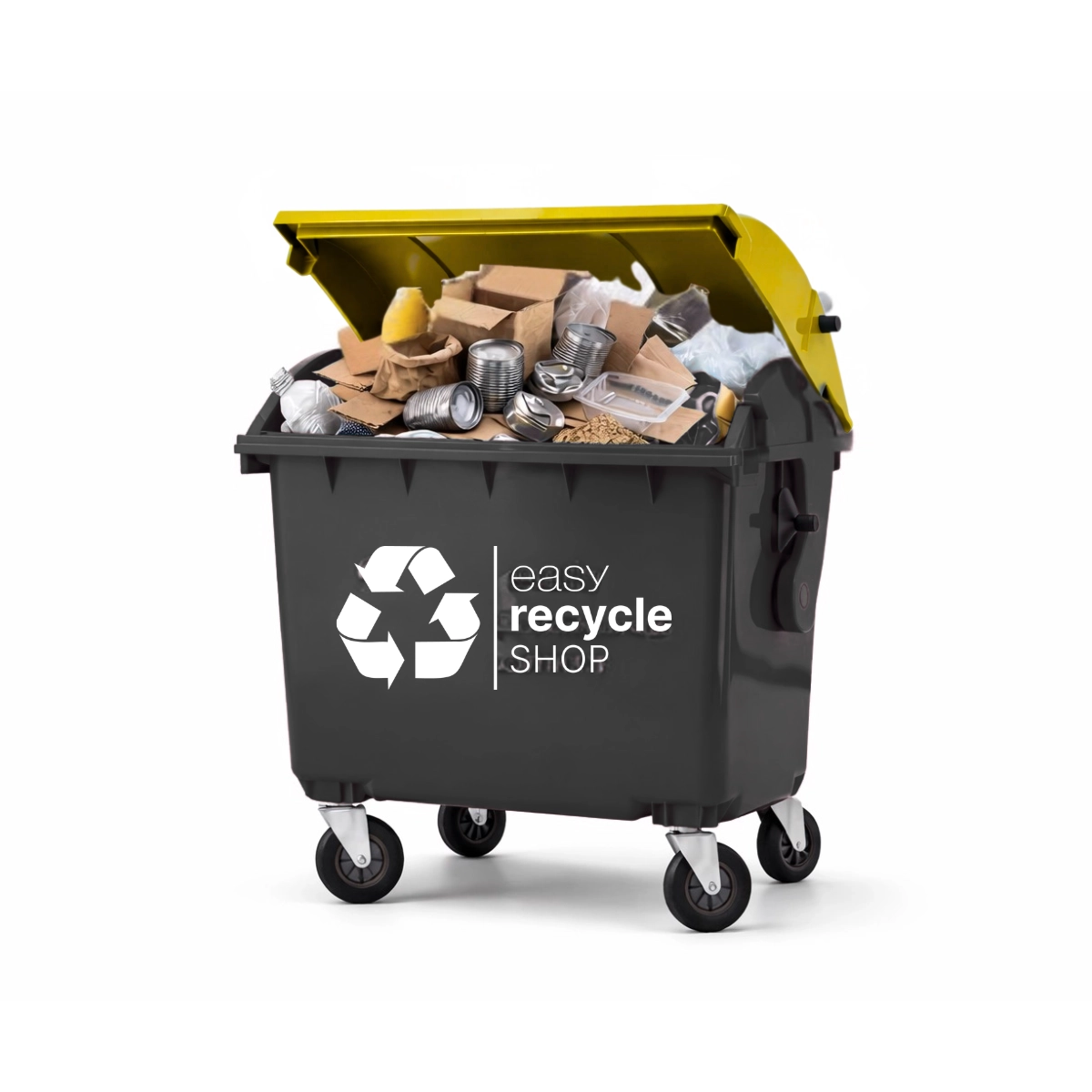Eine Wertstofftonne vom easy recycle SHOP zur Sammlung und Entsorgung von gemischten Verpackungen aus Kunststoff, Metall, Karton und Folien