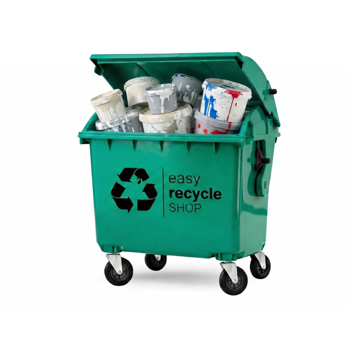 Eine gelbe Wertstofftonne vom easy recycle SHOP zur Sammlung und Rücknahme leerer Malereimer für die Wiederverwertung im GreenBucket-System