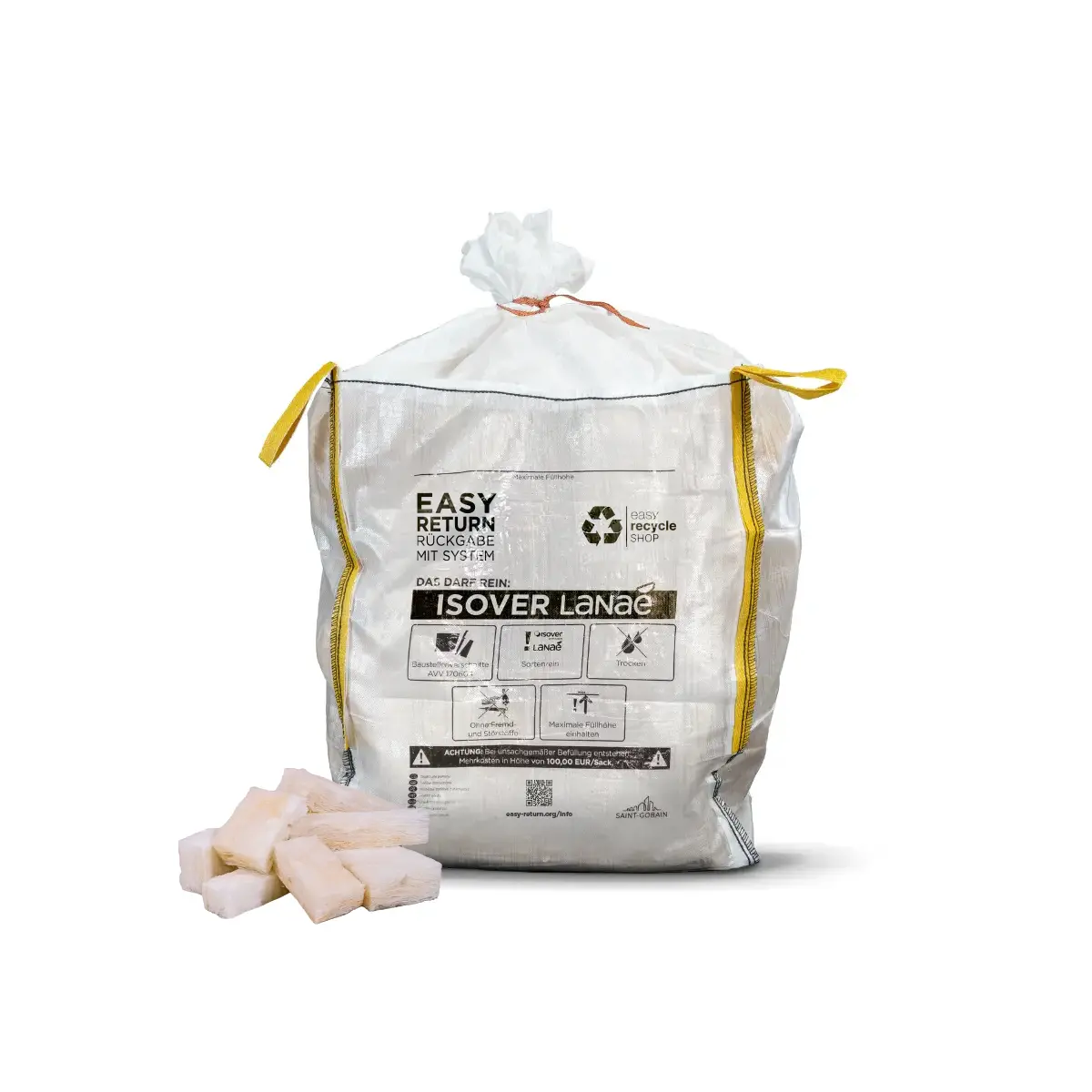 Ein transparenter Big Bag vom easy recycle SHOP zur Sammlung und Rücknahme von sortenreinen Steinwolleverschnitten auf einer Baustelle