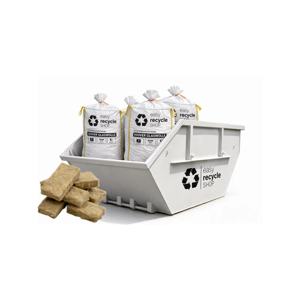 Ein Behälter vom easy recycle SHOP zur sicheren Entsorgung von KMF-Dämmstoffen wie Glaswolle und Steinwolle auf einer Baustelle