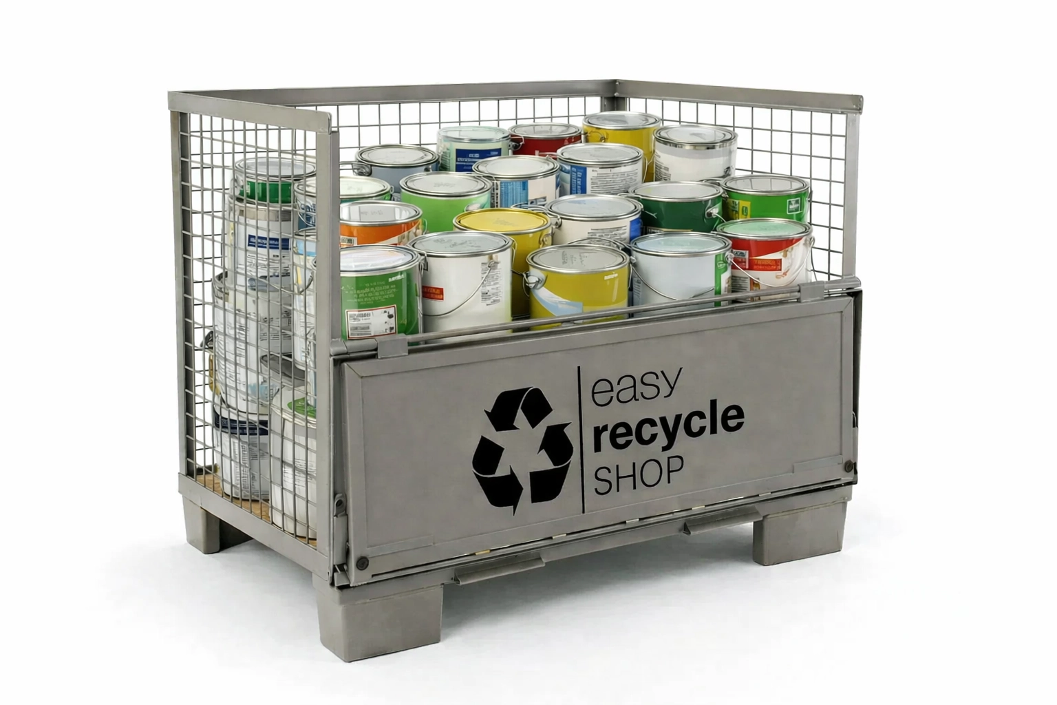 Eine Gitterbox vom easy recycle SHOP zur Sammlung und kostenlosen Rücknahme ungeöffneter und neuwertiger Malereimer auf einer Baustelle oder im Betrieb