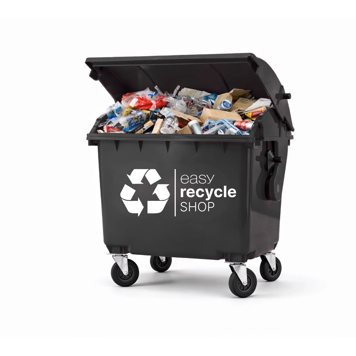 Eine Mülltonne vom easy recycle SHOP zur Entsorgung von Gewerbe-Restabfall mit gemischten Wertstoffen wie Kunststoff, Folien, Holz und Metall