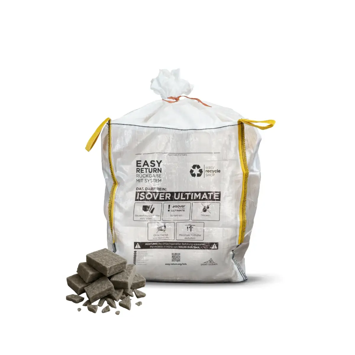 Ein transparenter Big Bag vom easy recycle SHOP zur Sammlung und Rücknahme von sortenreinen Steinwolleverschnitten auf einer Baustelle