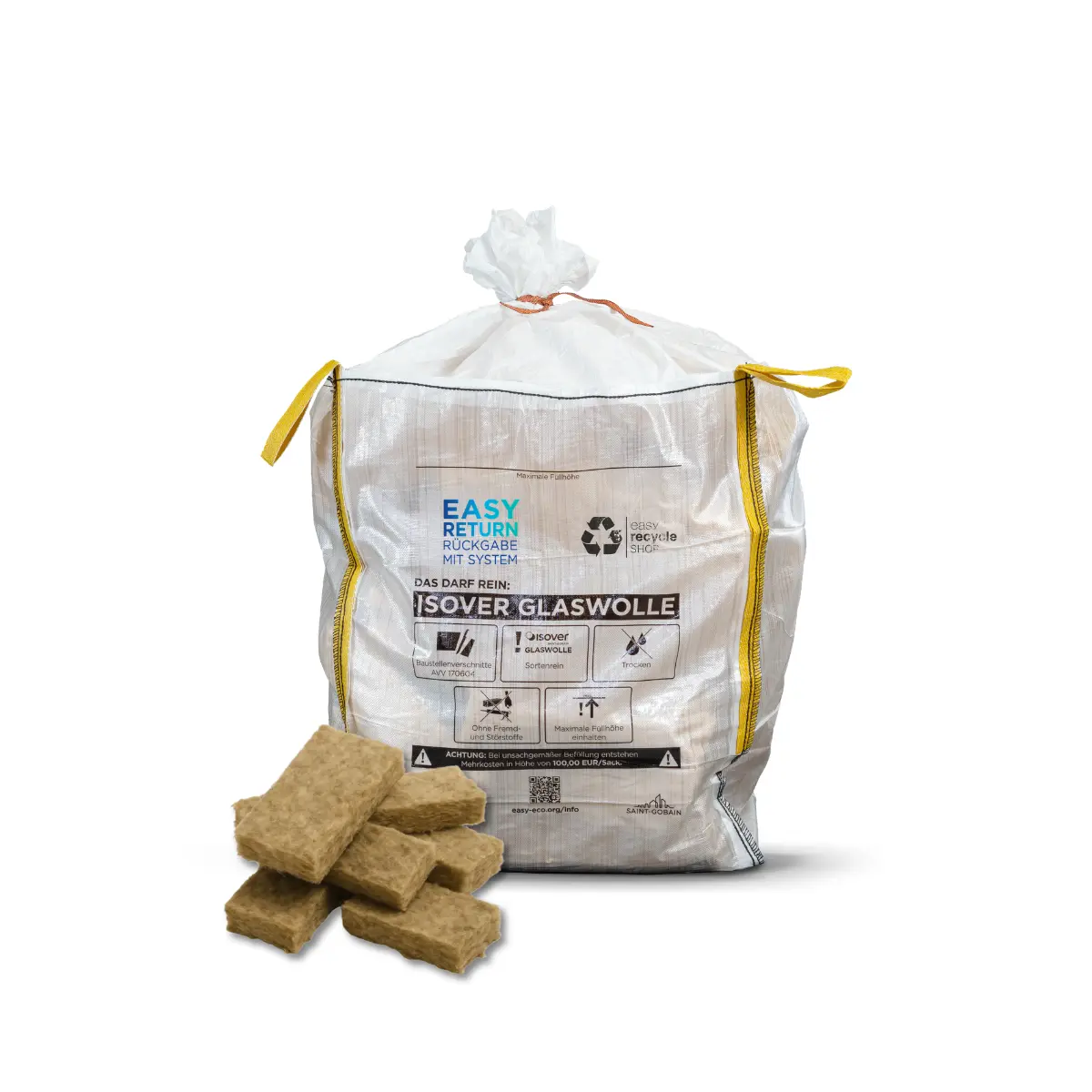 Ein transparenter Big Bag vom easy recycle SHOP zur Sammlung und Rücknahme von sortenreinen Steinwolleverschnitten auf einer Baustelle