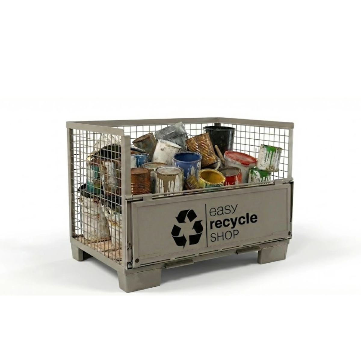 Eine Gitterbox vom easy recycle SHOP zur Sammlung und Entsorgung von Malereimern mit Restfarben auf einer Baustelle oder im Betrieb