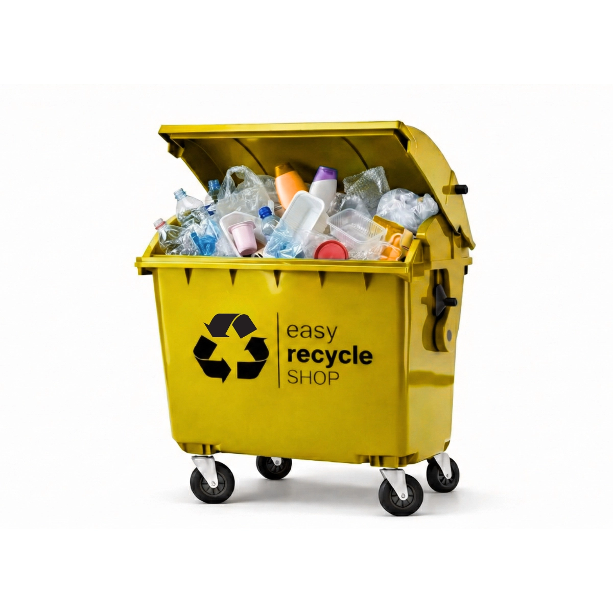 Eine Wertstofftonne vom easy recycle SHOP zur sortenreinen Sammlung und Entsorgung von Kunststoffabfällen, Folien und Verpackungen