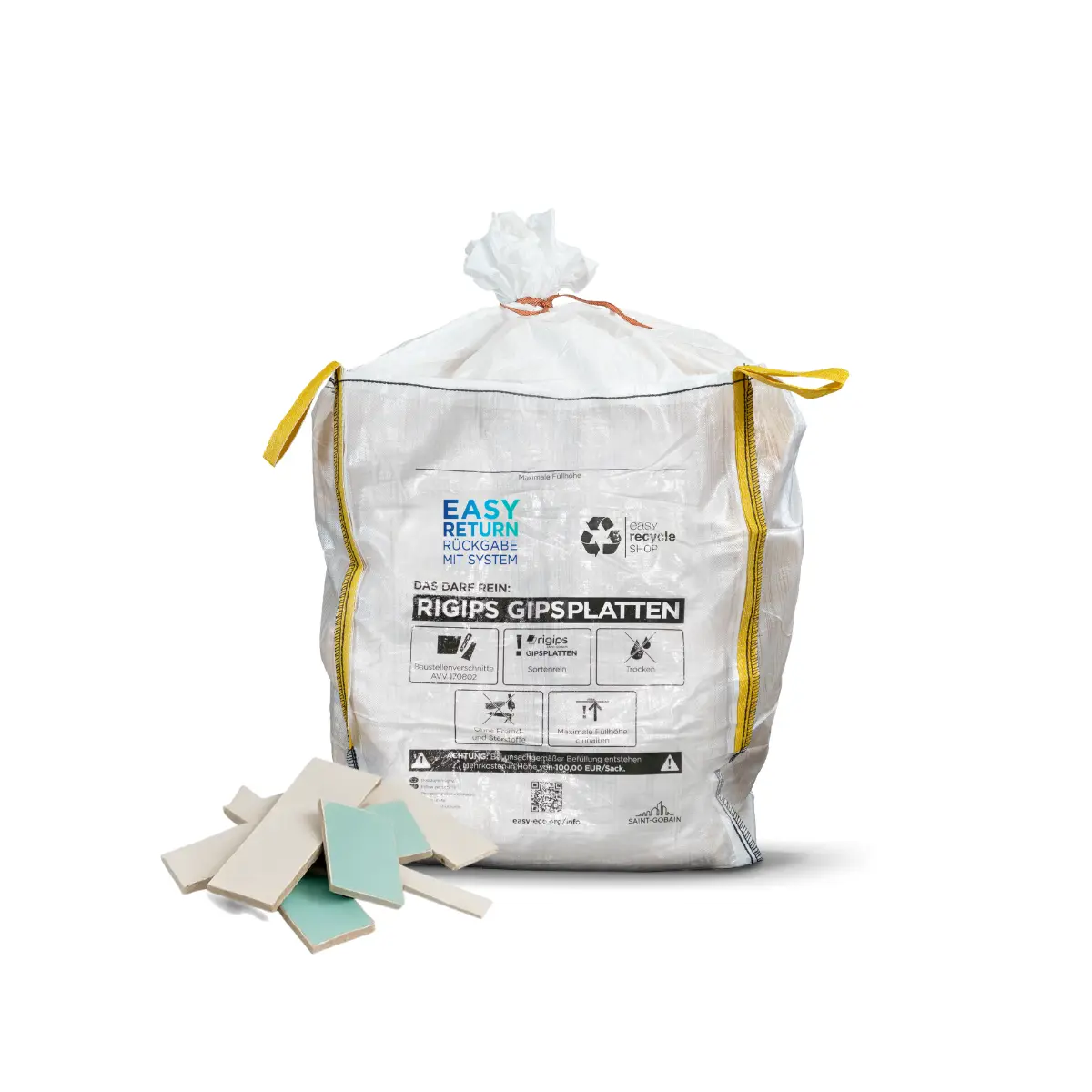 Ein transparenter Big Bag vom easy recycle SHOP zur Sammlung und Rücknahme von sortenreinen Steinwolleverschnitten auf einer Baustelle