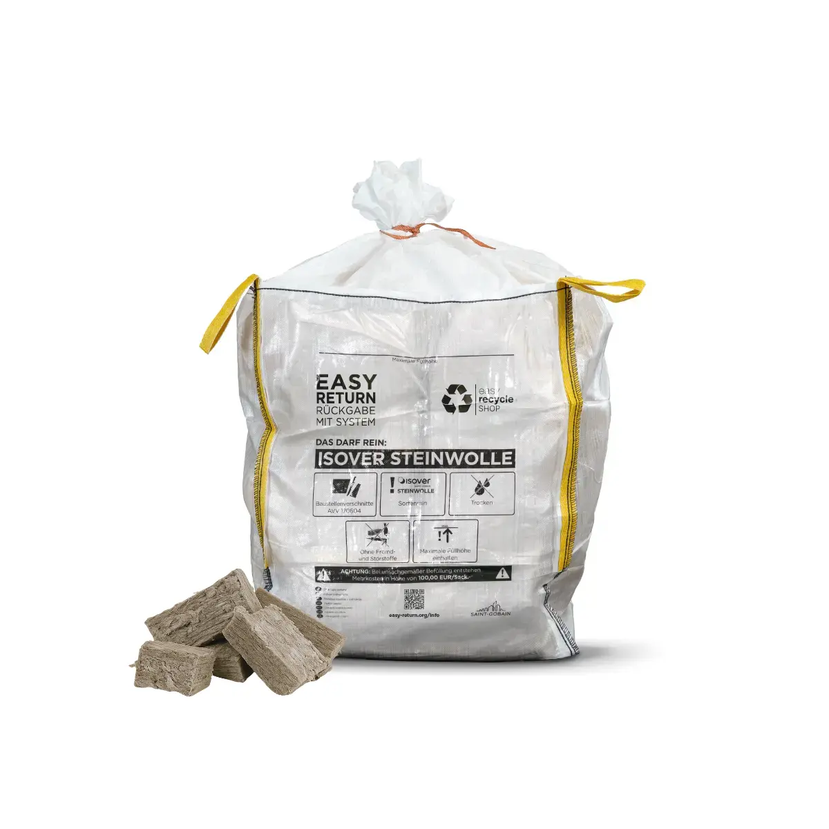 Ein transparenter Big Bag vom easy recycle SHOP zur Sammlung und Rücknahme von sortenreinen Steinwolleverschnitten auf einer Baustelle